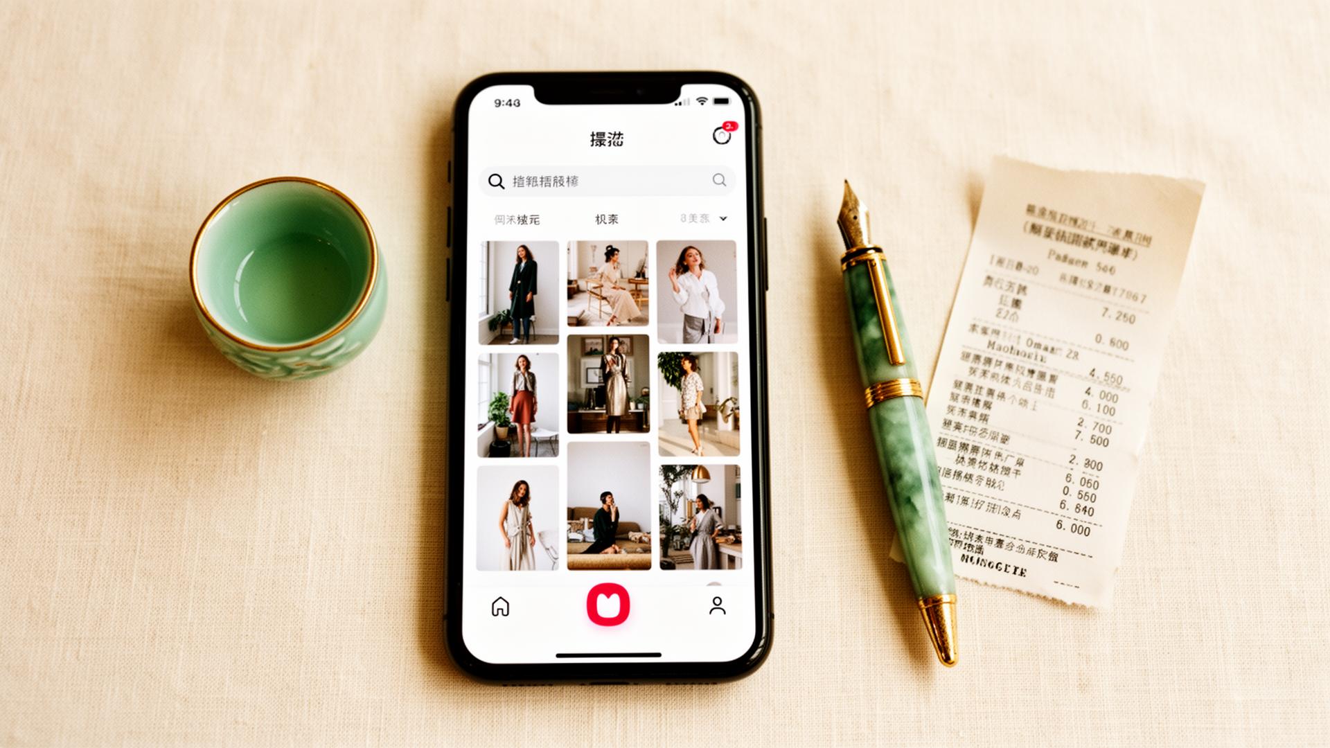 A smartphone showing a Xiaohongshu-style feed, beside a porcelain teacup, a fountain pen and a paper receipt on warm cream linen