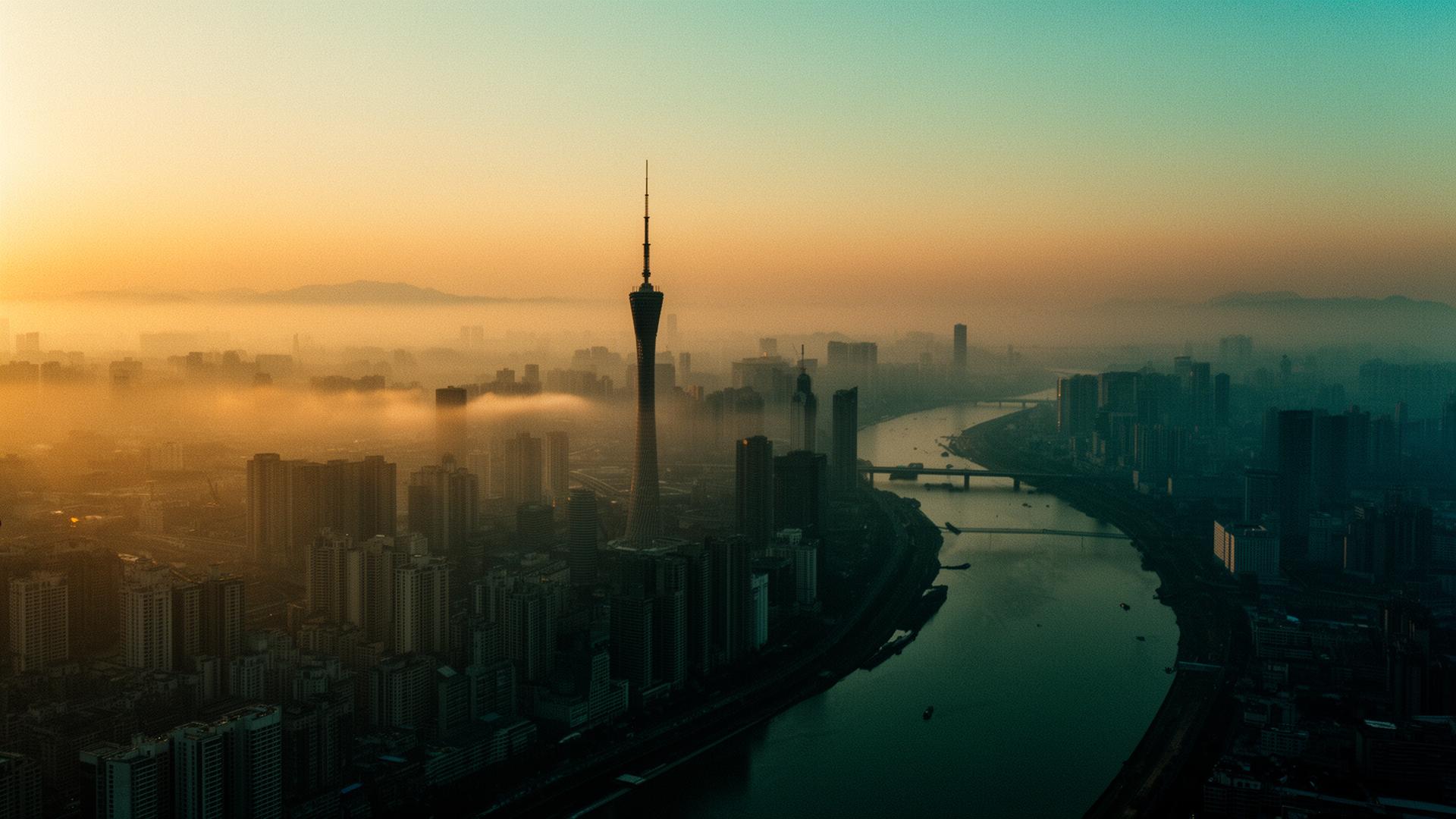 Aerial view of the Pearl River Delta and Guangzhou skyline at golden hour